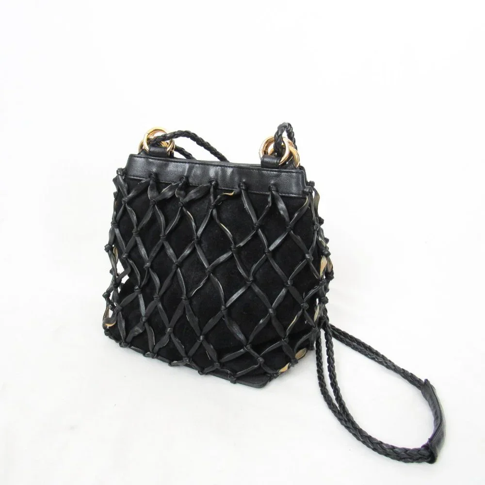 VINTAGE Tiannl Italian Black Suede Leather Purse Shoulder Bag Classic Gold - Picture 2 of 10